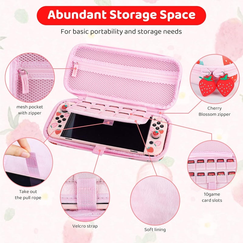 F'DIARY Strawberry Pink Carrying Case for Nintendo Switch OLED, Cute Travel Case Protector for Switch oled Accessories with Strawberry Carry Bag Pink Protective Cover Screen Protector and Thumb Caps - Image 2